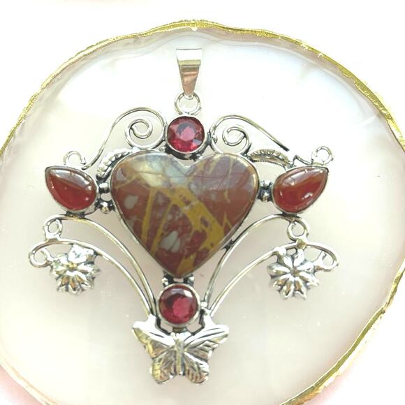 925 Sterling Norina Jasper & Carnelian Heart Pendant - Picture 4 of 6